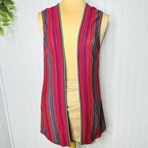 Forever 21 Sz L XL Colorful Red Blue Striped Open Front Knit Duster Sleeveless